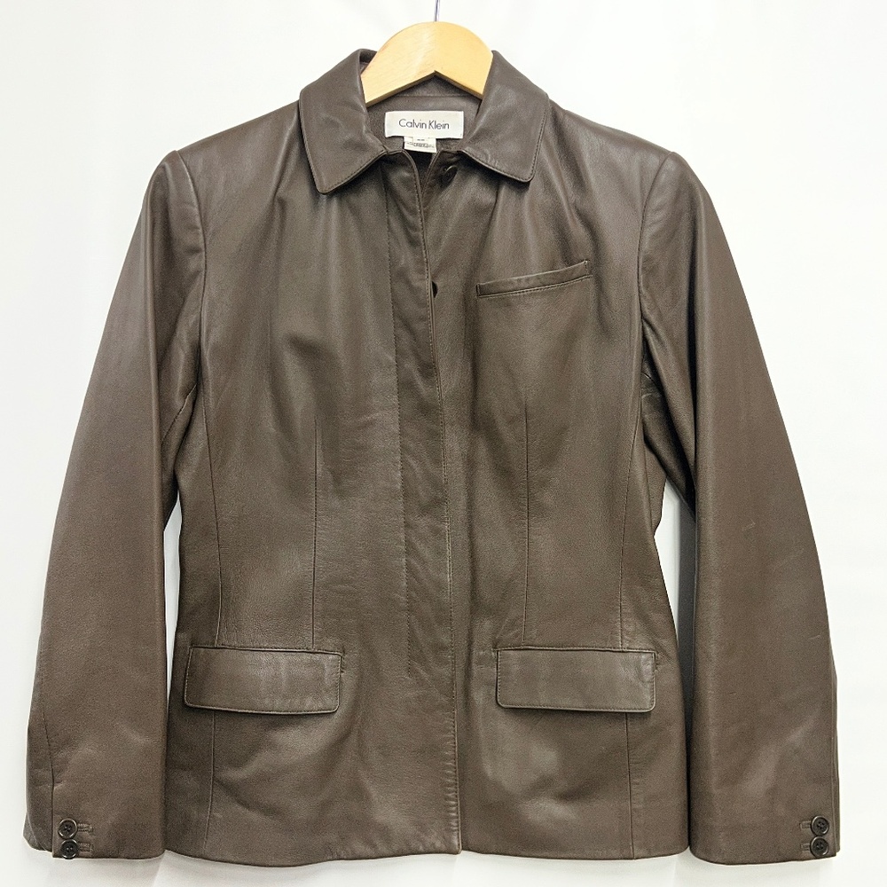 Calvin Klein Women’s XS Brown Genuine Leather Jacket Blazer Collar Hidden Button